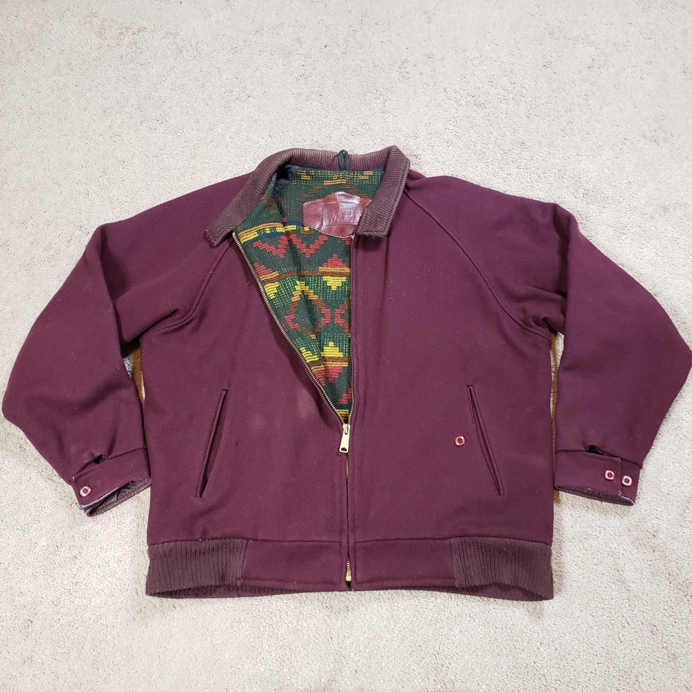VTG Woolrich Bomber Jacket Men Large Red‎ Wool Aztec Blanket Lined Zip Coat